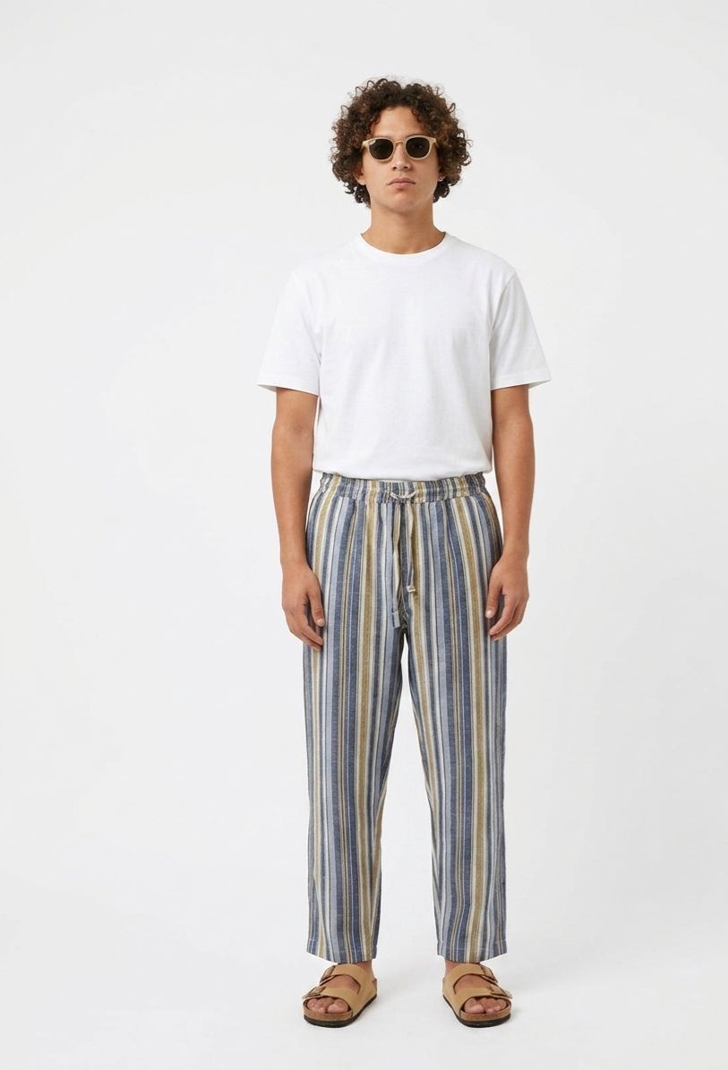 Blue & Khaki Striped Linen Pant