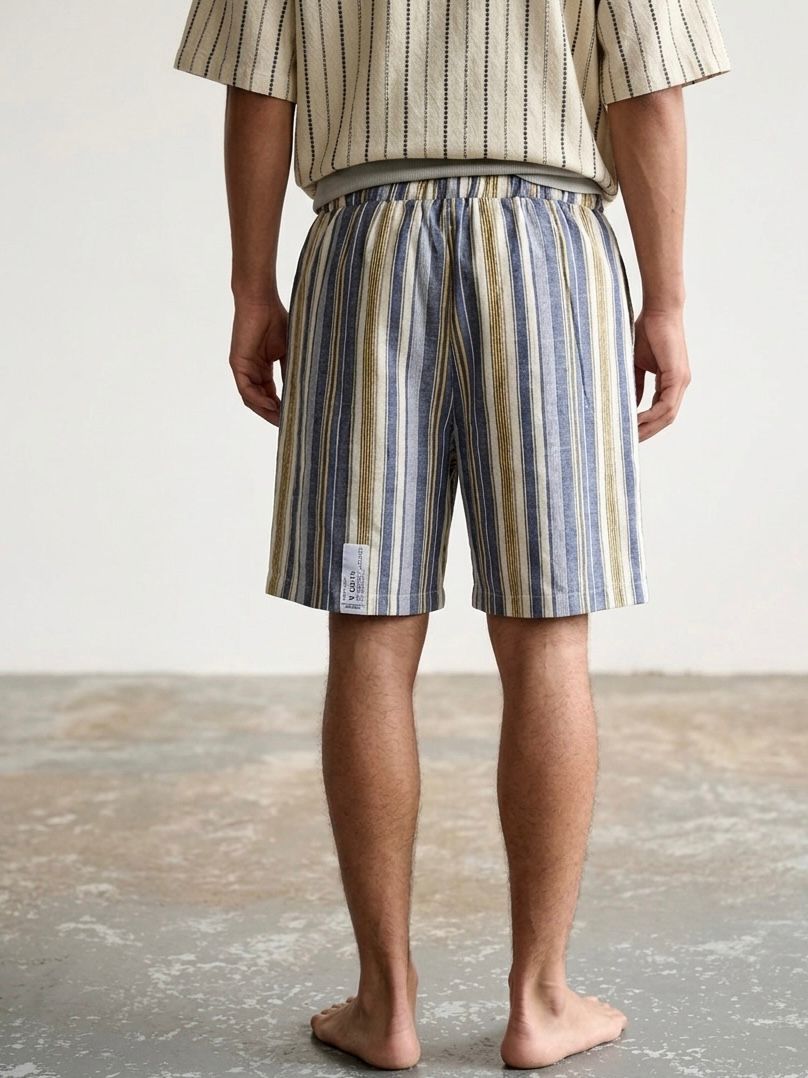 Blue & Khaki Striped Linen Short