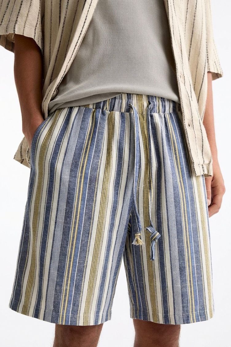 Blue & Khaki Striped Linen Short
