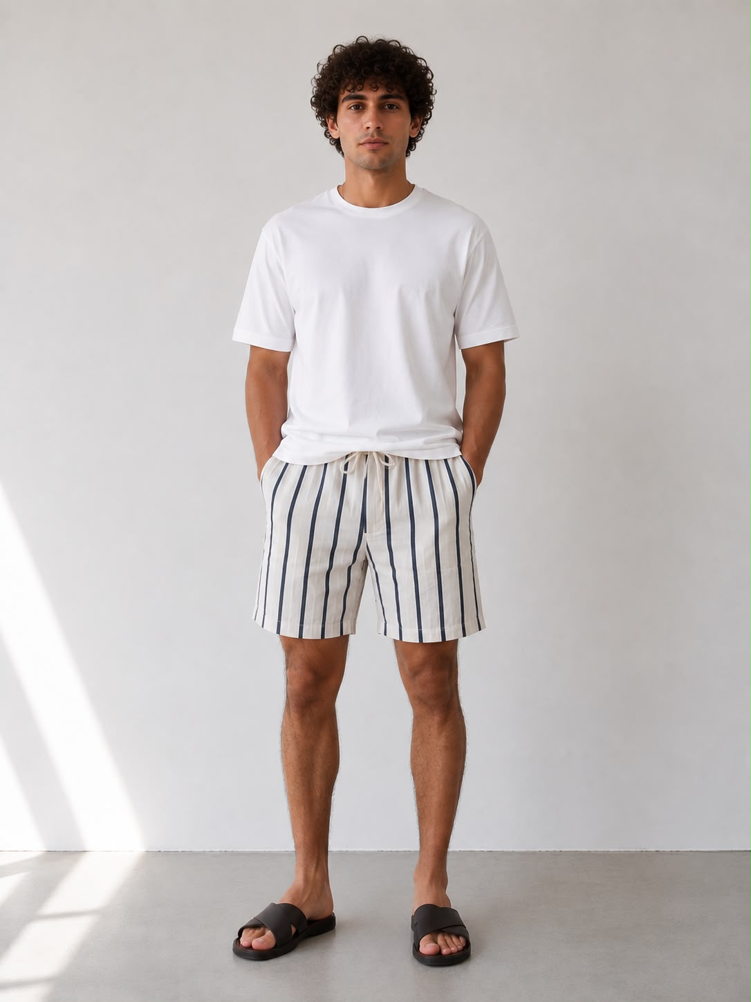 Navy Striped Linen Short
