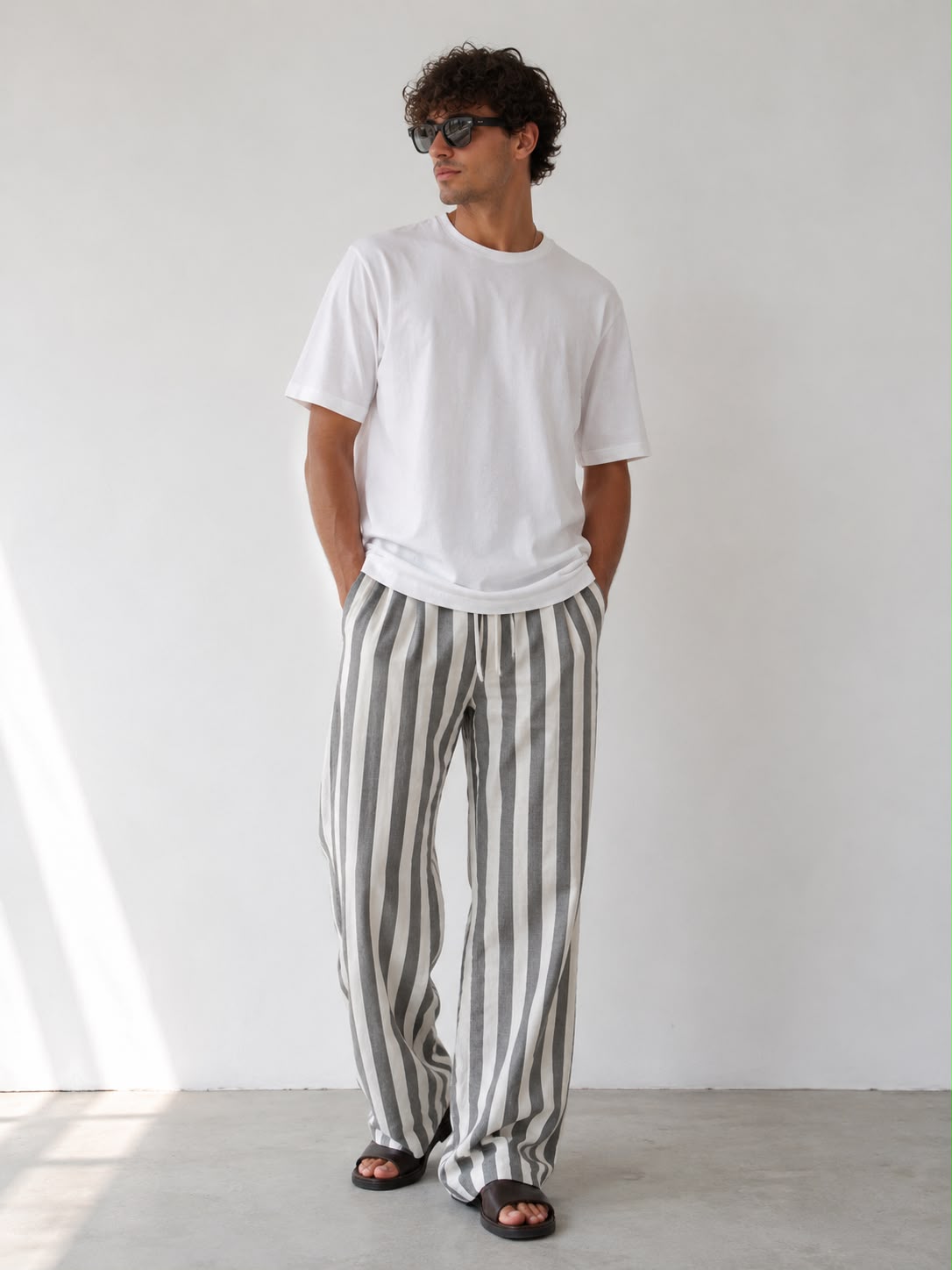 White & Gray Striped Linen Pant